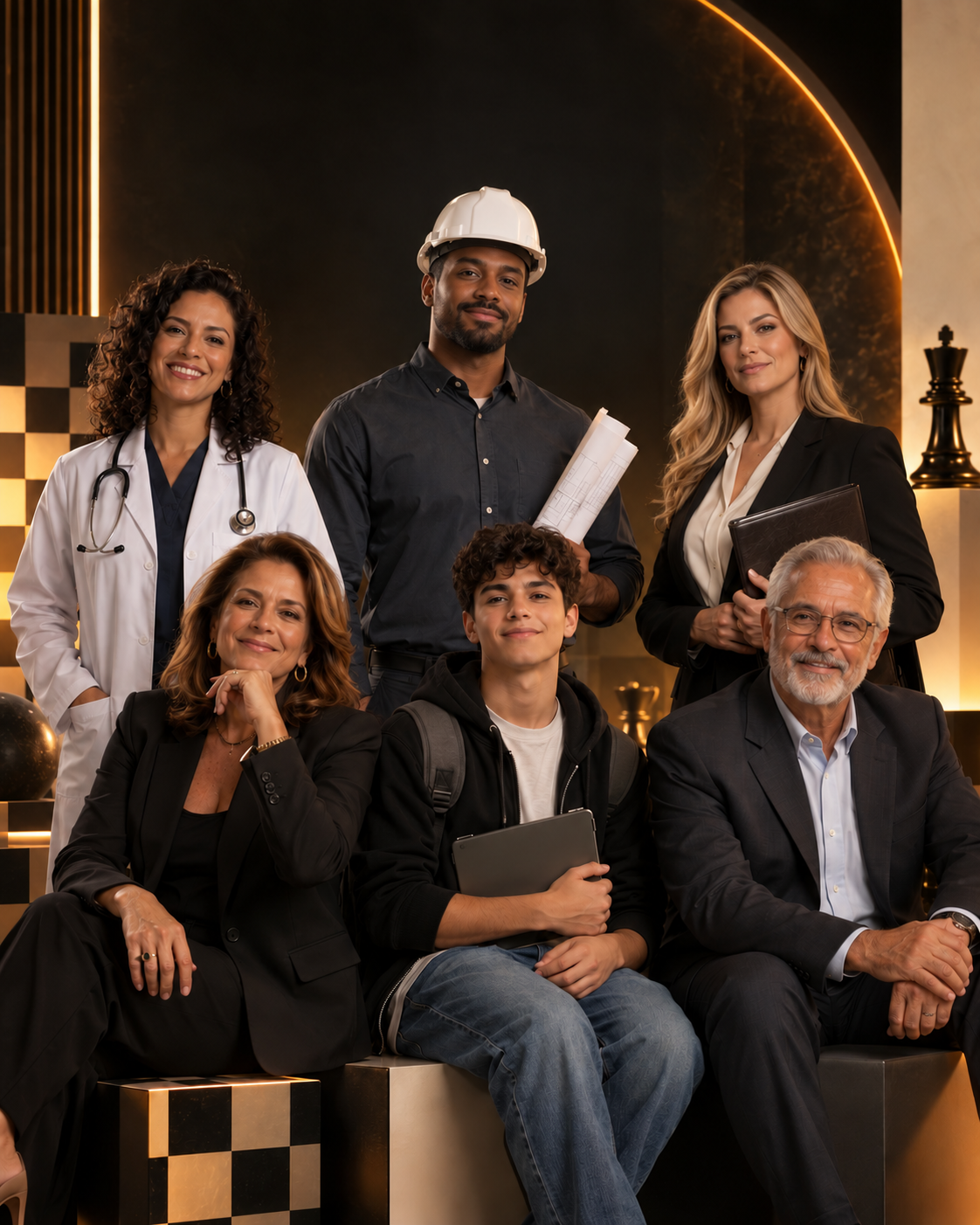 Médica, engenheiro, advogada, mulher de negócios, adolescente e profissional sênior representando diferentes áreas e fases da vida