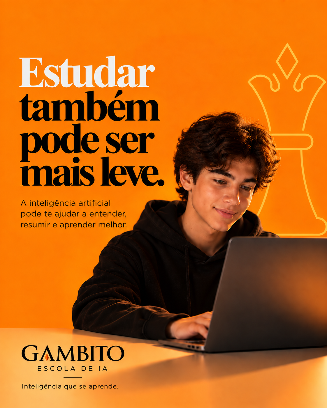 Adolescente estudando com inteligência artificial em uma composição laranja da Gambito